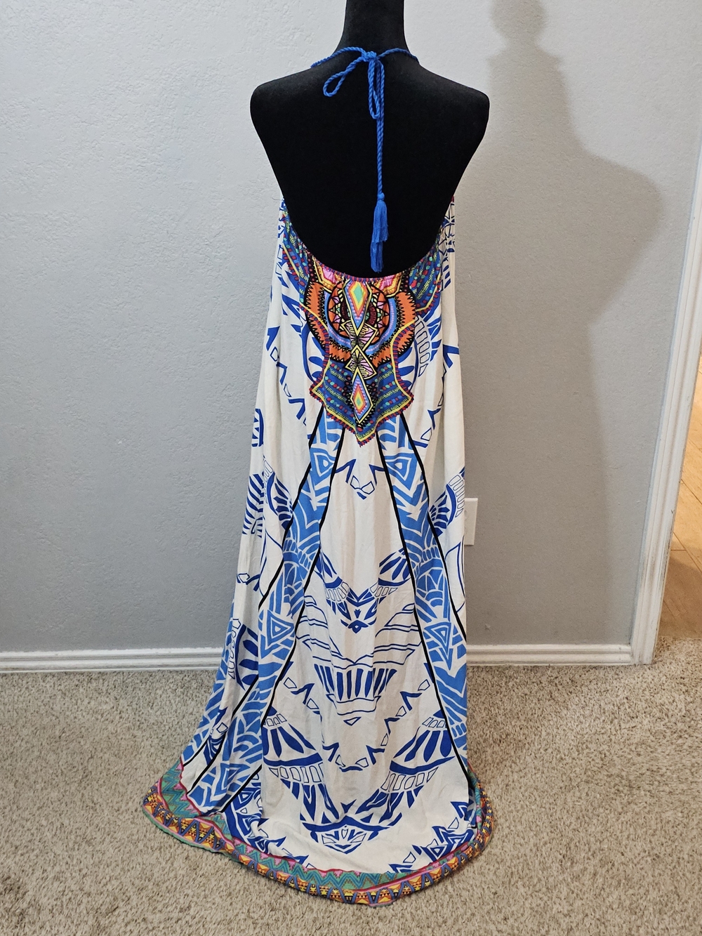 Flying Tomato White Maxi Dress with Multicolor Tribal Print Womens Large Halter - Picture 5 of 9